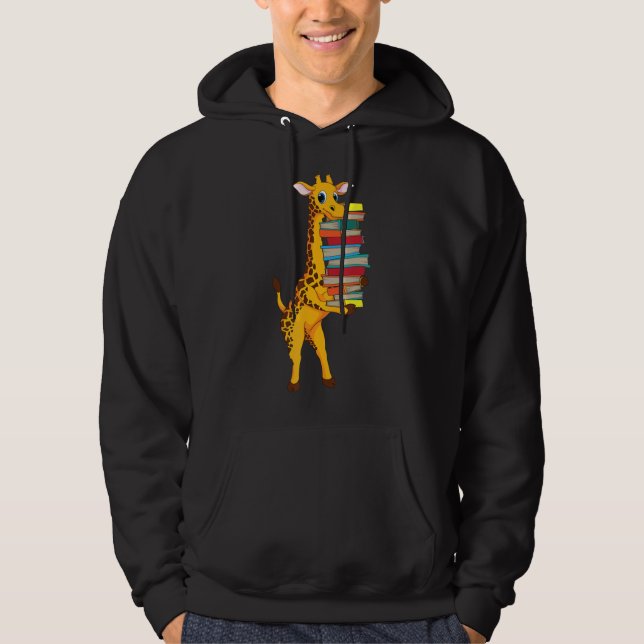 Giraffe With Lots Of Books Cute Readers Club Hoodie (Front)