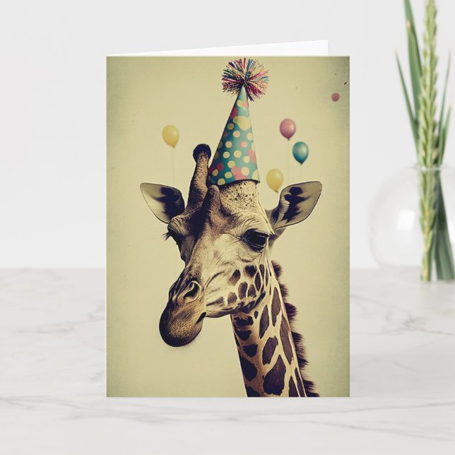 Giraffe with Party Hat Folded Greeting Card (Front)