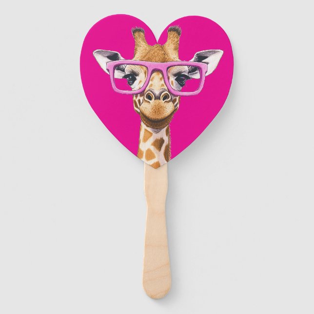 Giraffe with Pink Glasses Favours (dark pink bg) Hand Fan (Front)