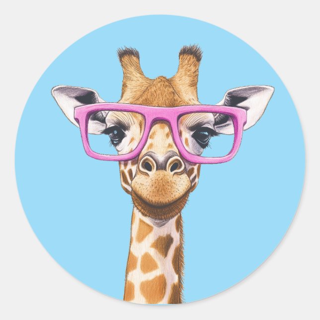 Giraffe with Pink Glasses Sticker Blue Background (Front)