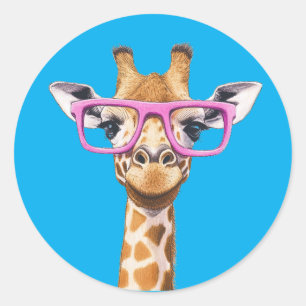 Giraffe with Pink Glasses Sticker Blue Background