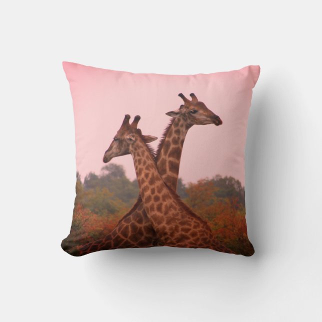 Giraffe with pink sky and mopani trees cushion (Front)