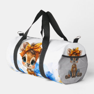 Giraffe with polka dot bow blue poppies duffle bag