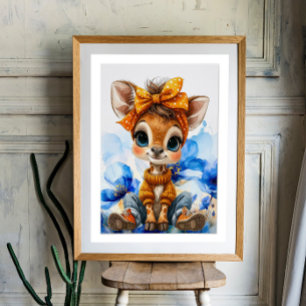 Giraffe with polka dot bow blue poppies poster