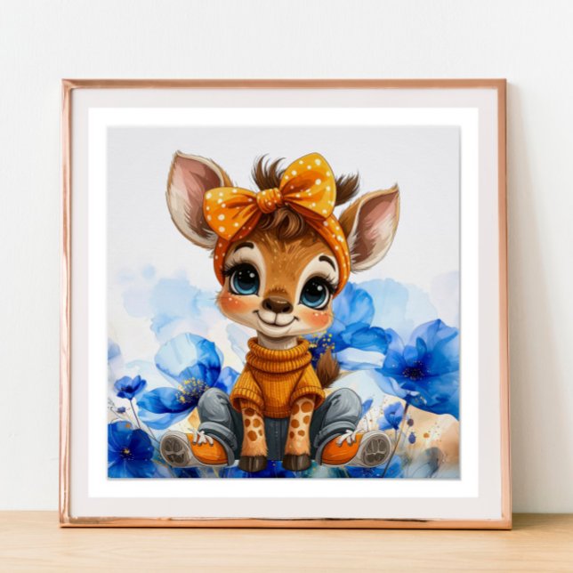 Giraffe with polka dot bow blue poppies poster (Creator Uploaded)