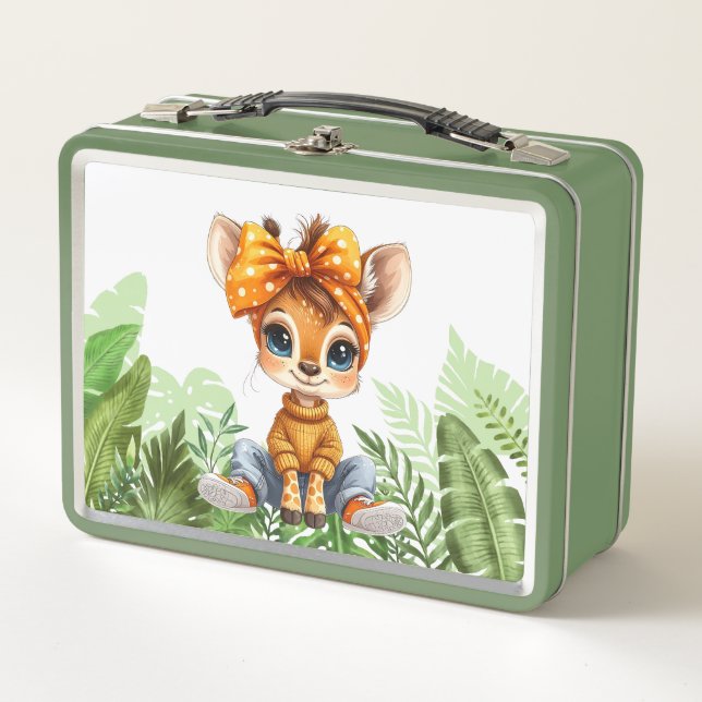 Giraffe with polka dot bow jungle metal lunch box (Front)