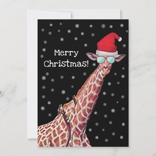Giraffe with Santa Hat and Snow Merry Christmas  Holiday Card (Front)