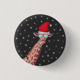 Giraffe With Santa Hat and Sunglasses on Black 3 Cm Round Badge