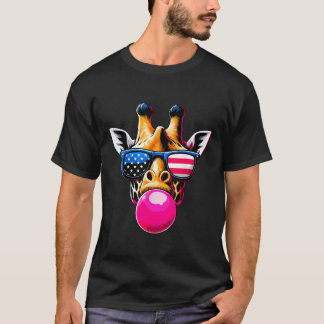 Giraffe with USA Glasses and Bubblegum 4th of July T-Shirt