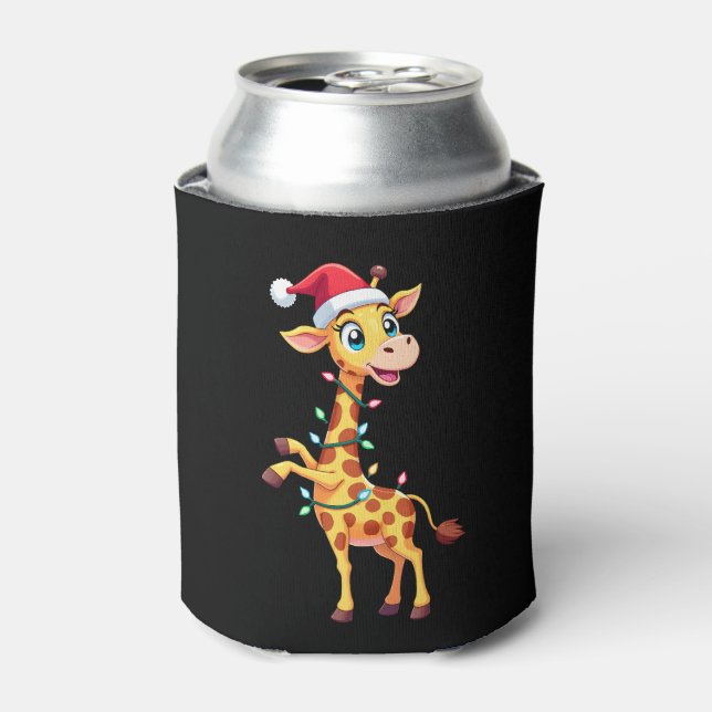Giraffe Xmas Lighting Funny Santa Giraffe Christma Can Cooler (Can Front)