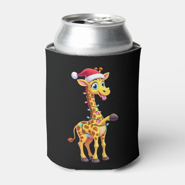 Giraffe Xmas Lighting Funny Santa Giraffe Christma Can Cooler (Can Front)