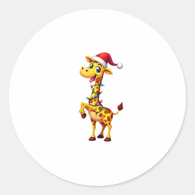 Giraffe Xmas Lighting Funny Santa Giraffe Christma Classic Round Sticker (Front)