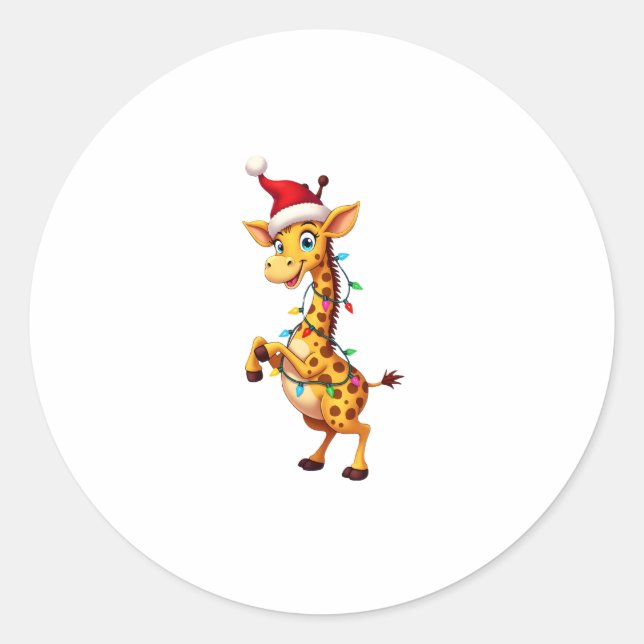Giraffe Xmas Lighting Funny Santa Giraffe Christma Classic Round Sticker (Front)