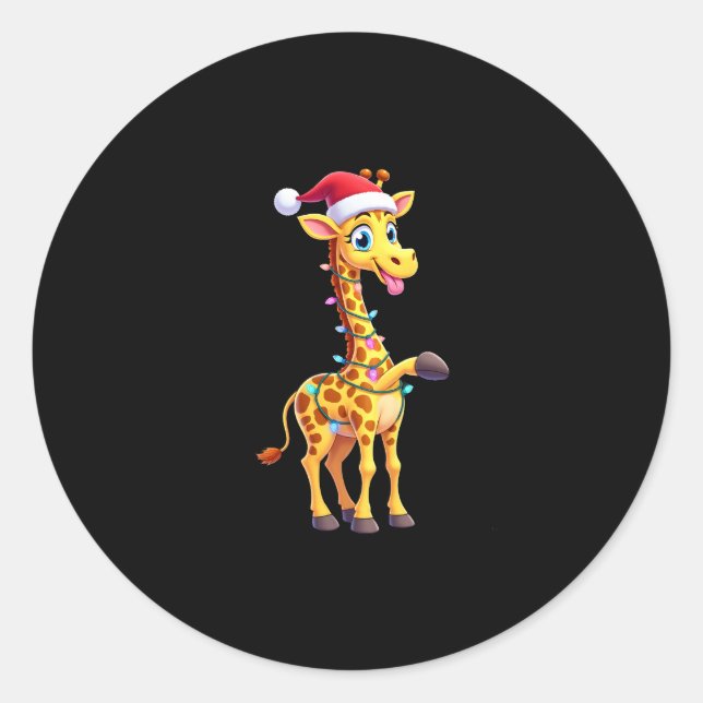 Giraffe Xmas Lighting Funny Santa Giraffe Christma Classic Round Sticker (Front)