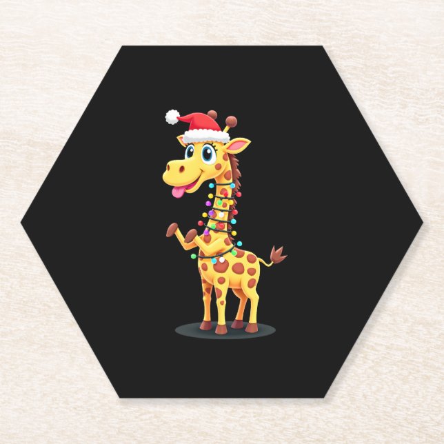 Giraffe Xmas Lighting Funny Santa Giraffe Christma Paper Coaster (Front)