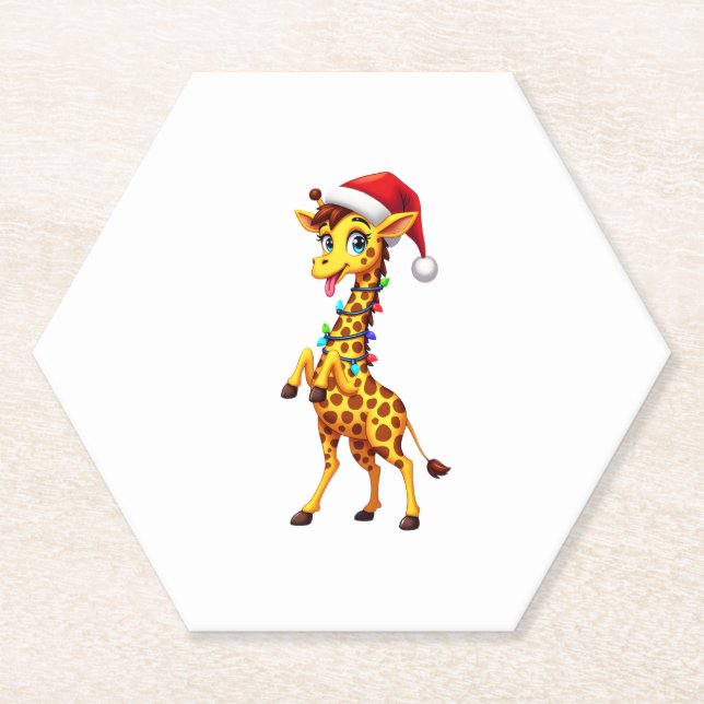 Giraffe Xmas Lighting Funny Santa Giraffe Christma Paper Coaster (Front)