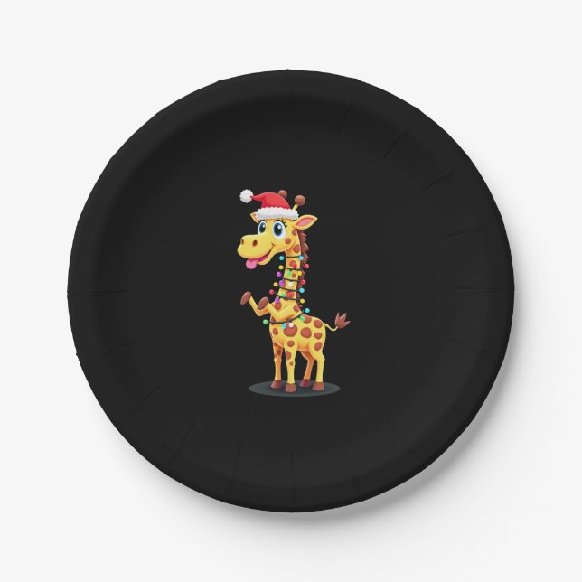Giraffe Xmas Lighting Funny Santa Giraffe Christma Paper Plate (Front)