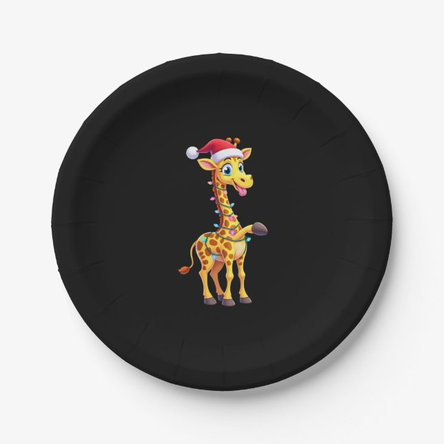 Giraffe Xmas Lighting Funny Santa Giraffe Christma Paper Plate (Front)
