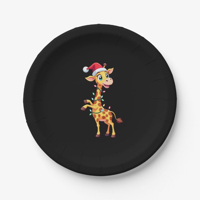 Giraffe Xmas Lighting Funny Santa Giraffe Christma Paper Plate (Front)