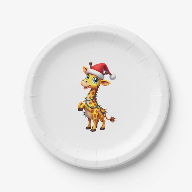 Giraffe Xmas Lighting Funny Santa Giraffe Christma Paper Plate (Front)