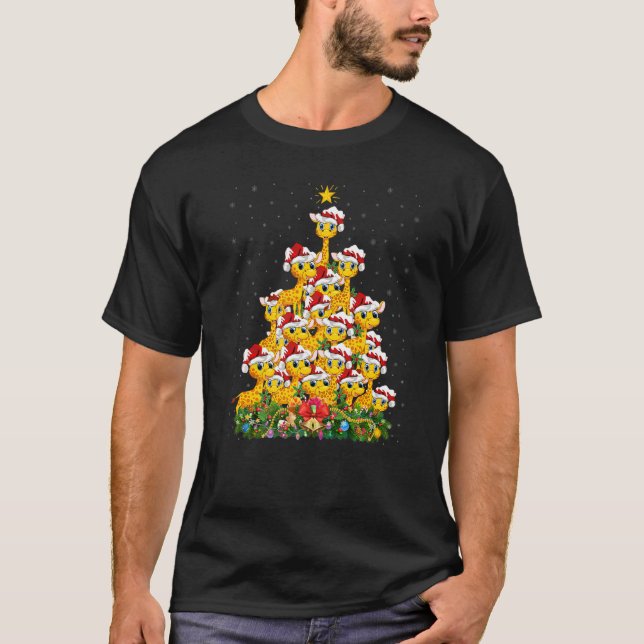 Giraffe  Xmas Lights Santa Giraffe Christmas Tree T-Shirt (Front)