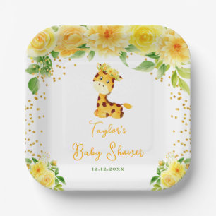 Giraffe Yellow Floral Baby Shower Paper Plate
