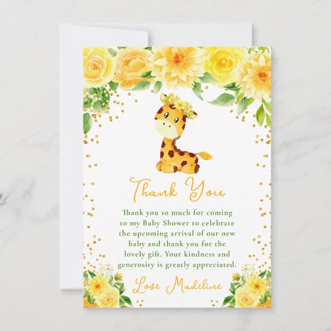 Giraffe Yellow Floral Baby Shower Thank You Card (Front)