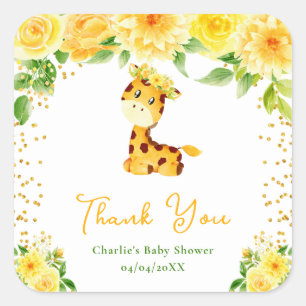 Giraffe Yellow Floral Baby Shower Thank You Square Sticker