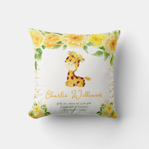 Giraffe Yellow Floral Birth Statistics Cushion