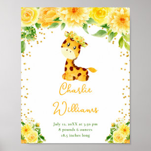 Giraffe Yellow Floral Birth Statistics Poster