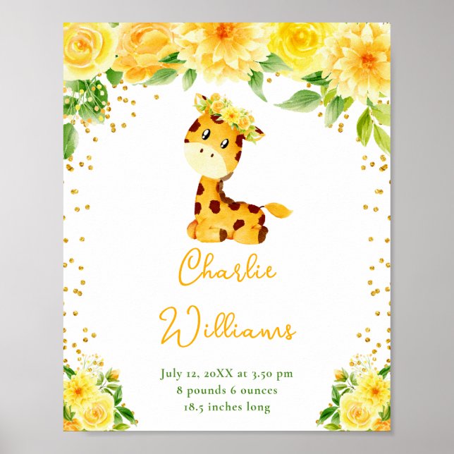 Giraffe Yellow Floral Birth Statistics Poster (Front)
