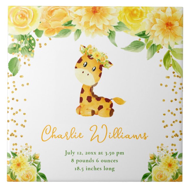 Giraffe Yellow Floral Birth Statistics Tile (Front)