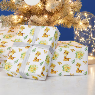 Giraffe Yellow Floral Flowers Wrapping Paper