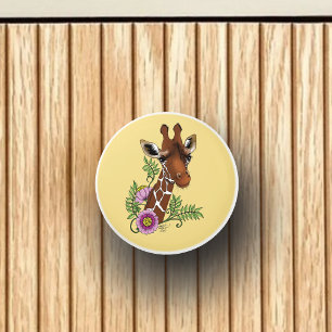 Giraffe Yellow Portrait Flowers Ceramic Knob
