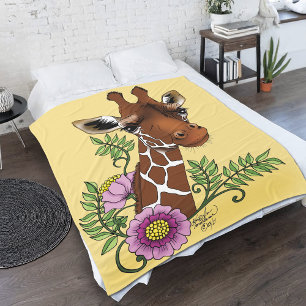 Giraffe Yellow Portrait Flowers Fleece Blanket
