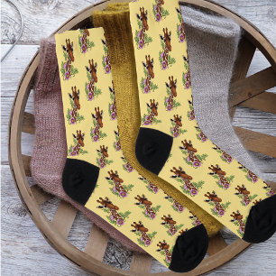 Giraffe Yellow Portrait Flowers Socks