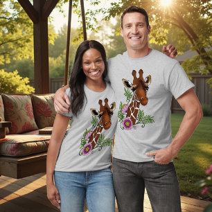 Giraffe Yellow Portrait Flowers T-Shirt