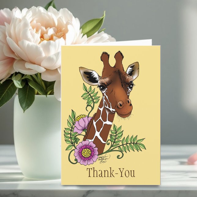 Giraffe Yellow Portrait Flowers Thank You Card (Creator Uploaded)