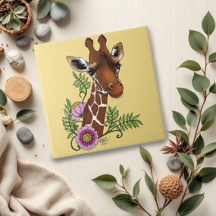 Giraffe Yellow Portrait Flowers Tile