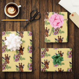 Giraffe Yellow Portrait Flowers Wrapping Paper Sheet