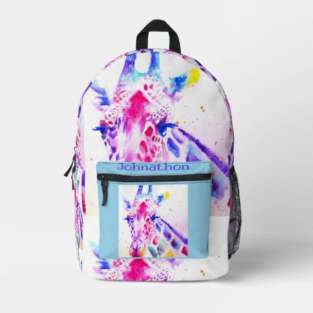 Giraffe Zoo Animal Kids Watercolor Boys Name Printed Backpack (Front)