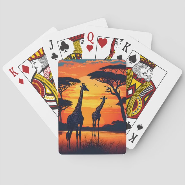 Giraffes at a Watering Hole at Sunset Playing Cards (Back)