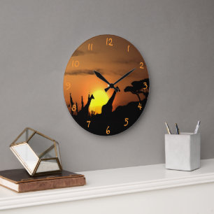 Giraffes At Nairobi Safari Sunset Watercolor Art Large Clock