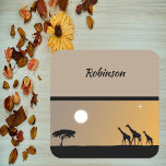 Giraffes At Sunset with Full Moon Square Paper Coaster<br><div class="desc">Gorgeous paper coasters depicting a twilight scene with giraffes on the African Serengeti.  Twinkling stars and a full moon further sets the mood.  Add your/recipient name. Unique!</div>