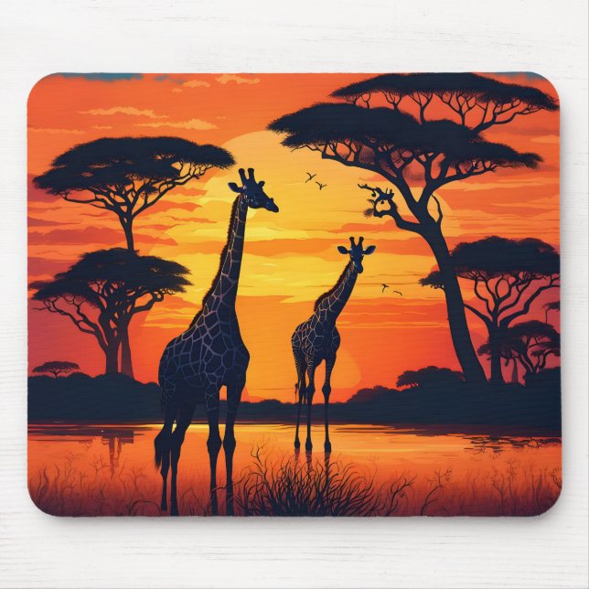 Giraffes at the Watering Hole at Sunset Mouse Mat (Front)