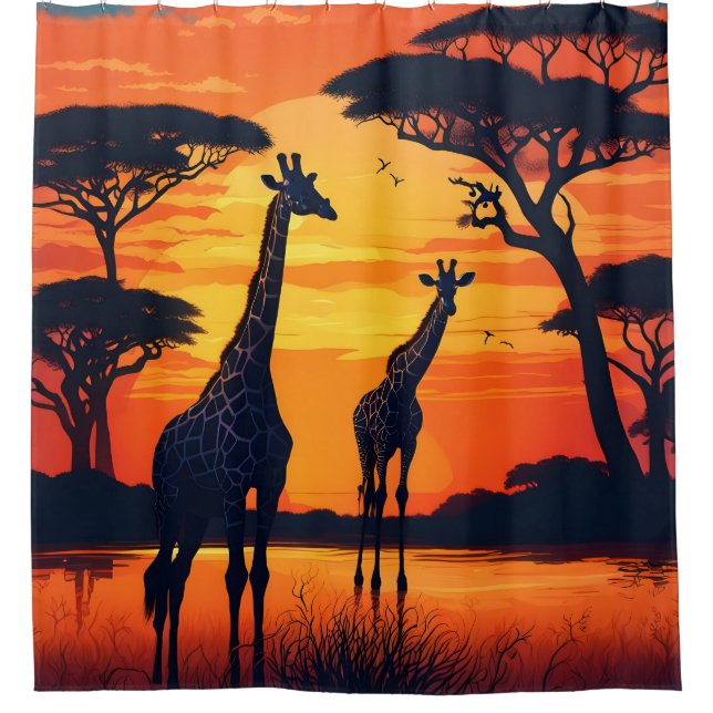 Giraffes at the Watering Hole at Sunset Shower Curtain (Front)