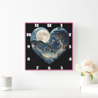 Giraffes beneath a moonlit sky square wall clock