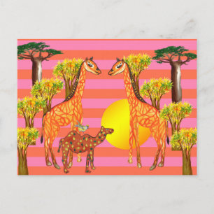 Giraffes, Camel, Bird Drawing Postcard