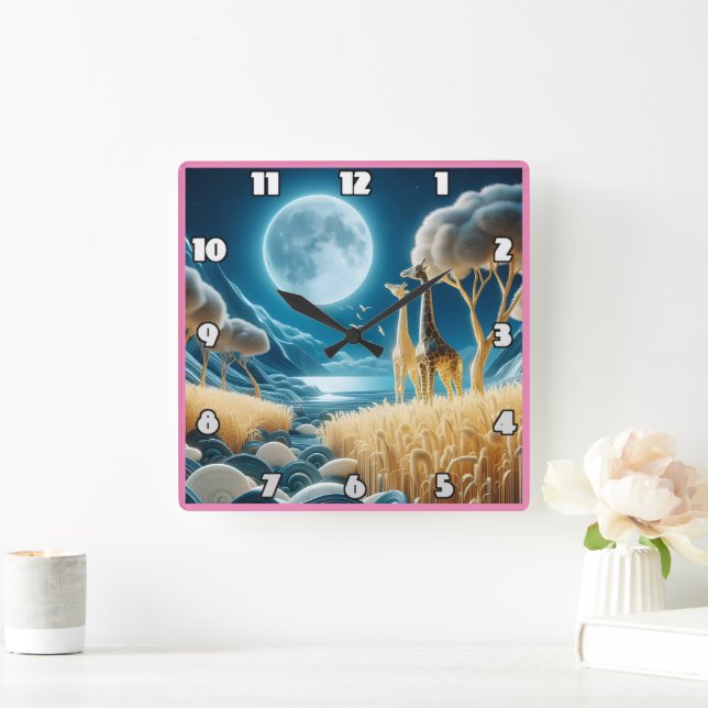 Giraffes grazing under a full moon in Africa Square Wall Clock (Home)