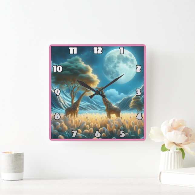 Giraffes grazing under Africa's moonlight Square Wall Clock (Home)